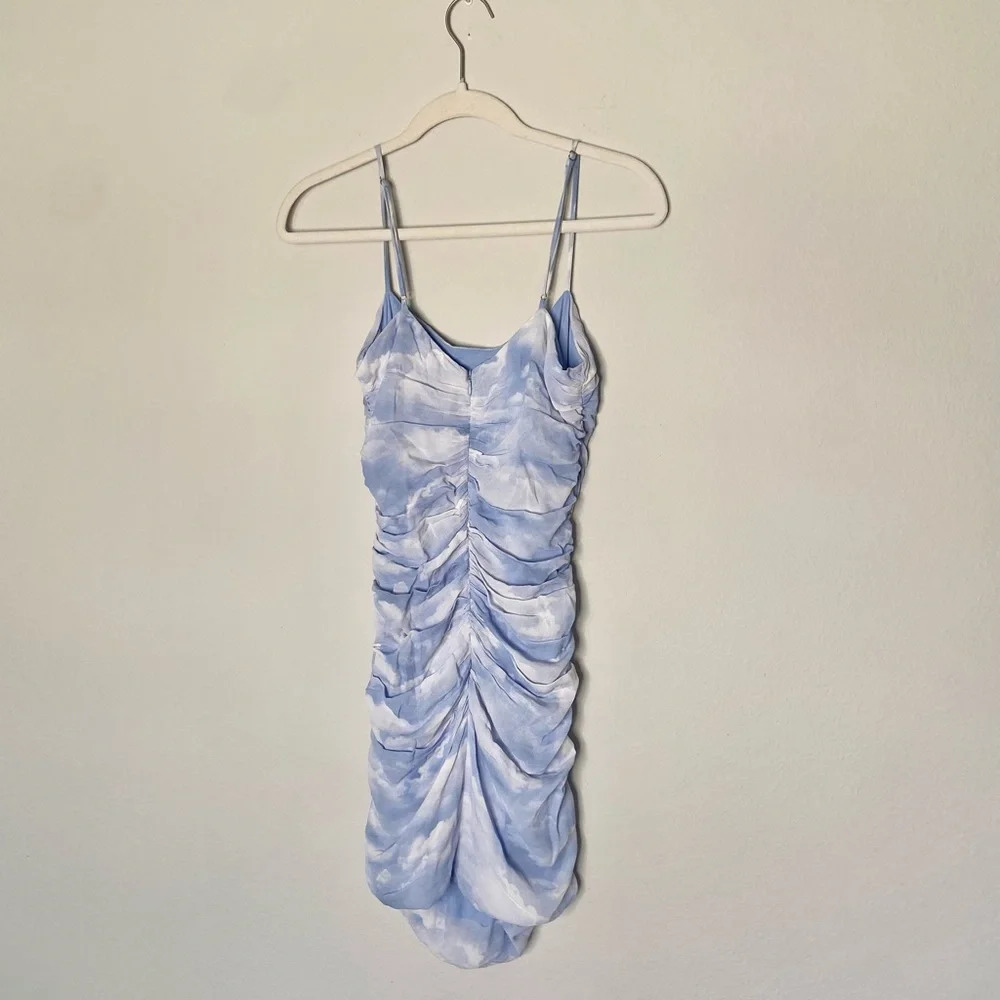 We Wore What REVOLVE Ronnie in Clouds Powder Blue Ruched Bodycon Mini Dress - Picture 9 of 9